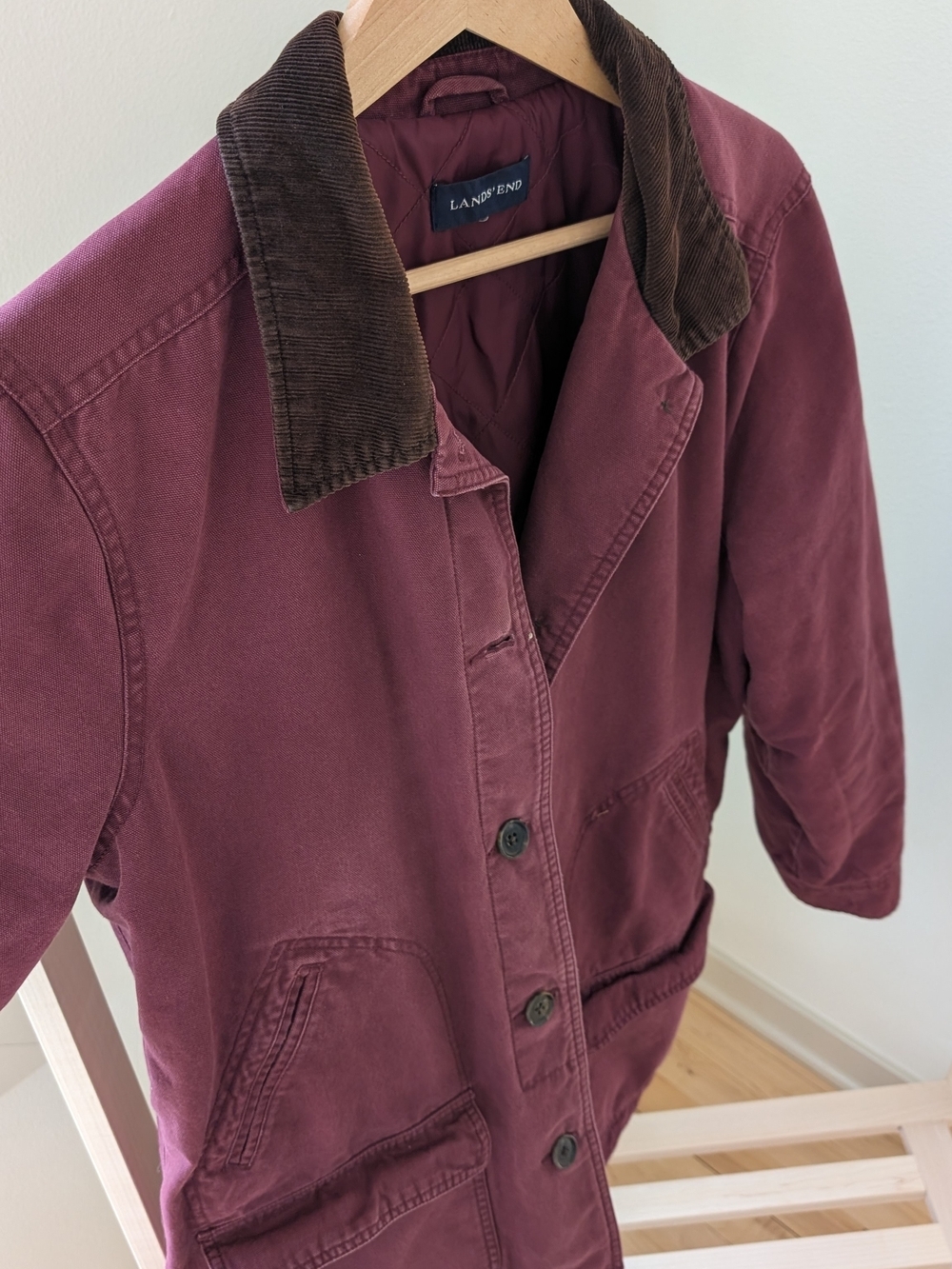 Vintage Lands' End Chore Denim Corduroy Collared Jacket In Burgundy - Picture 2 of 5